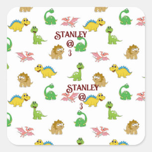Cute Watercolor Dinosaur Animal Pattern Birthday Square Sticker