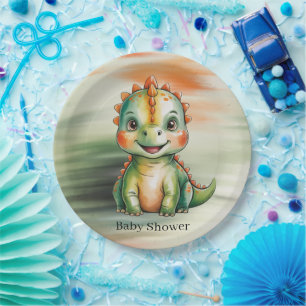 Cute Watercolor Dinosaur Baby Shower Paper Plate