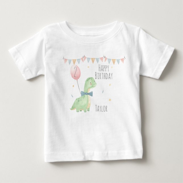 Cute Watercolor Dinosaur Birthday Boy Personalised Baby T-Shirt (Front)