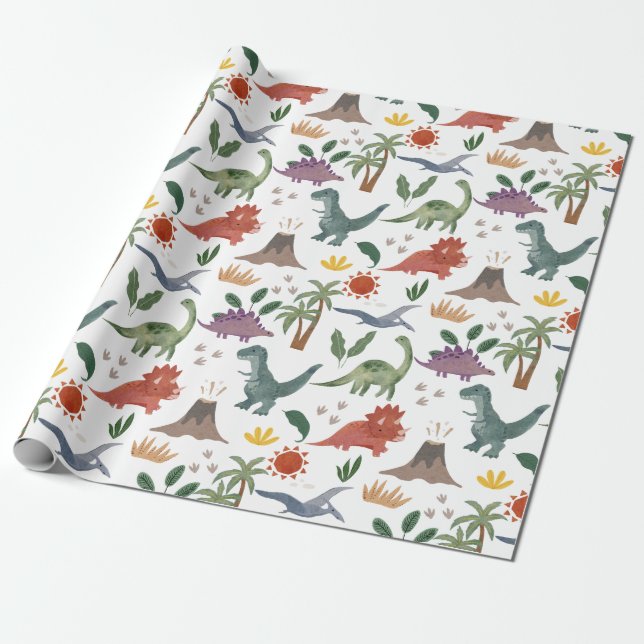 Cute Watercolor Dinosaur Pattern Wrapping Paper (Unrolled)
