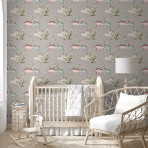 Cute Watercolor Dinosaur Tropical Jungle Nursery Wallpaper