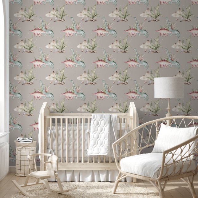 Cute Watercolor Dinosaur Tropical Jungle Nursery Wallpaper (Kids)