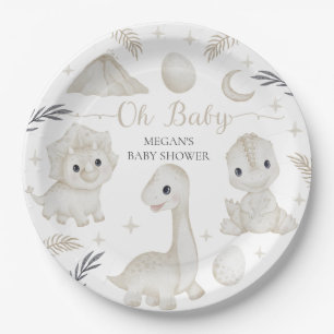 Cute Watercolor Dinosaurs Neutral Baby Shower Paper Plate