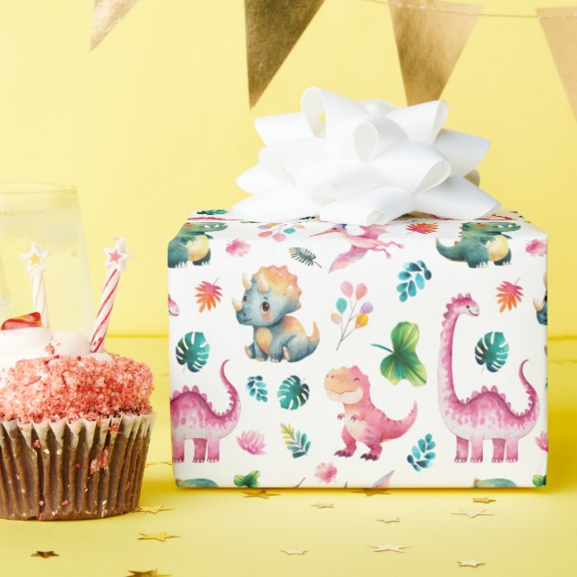Cute Watercolor Dinosaurs Prehistoric Dino Pattern Wrapping Paper (Birthday Party)