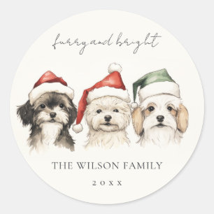 Cute Watercolor Dog Furry and Bright Christmas Classic Round Sticker