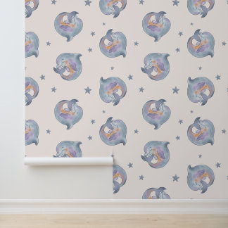 Cute Watercolor Dolphin and Stars Seamless Pattern Wallpaper