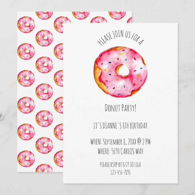 Cute watercolor Donut pink Glaze birthday Invitation (Front/Back)