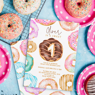  Cute watercolor doughnuts Sweet One 1st birthday Invitation