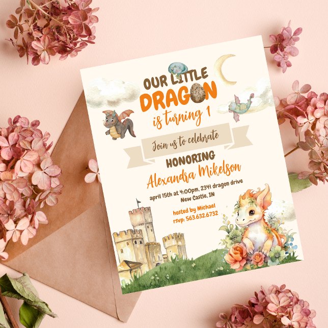 Cute Watercolor Dragon Baby 1st Birthday Invitation (Create Magic with Cute Watercolor Dragon Baby 1st Birthday Invitation )