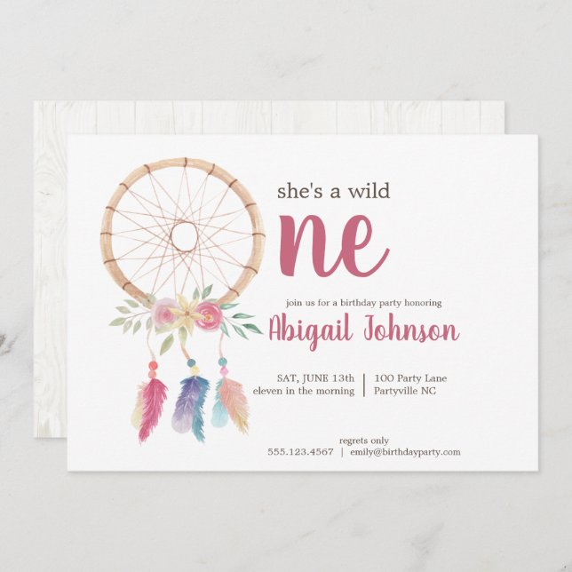 Cute Watercolor Dreamcatcher First Birthday Invitation (Front/Back)