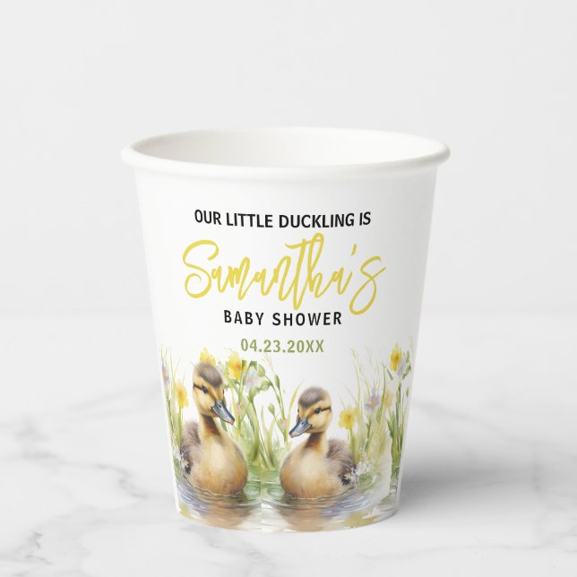 Cute Watercolor Duck Baby Boy Shower Paper Cups (Front)