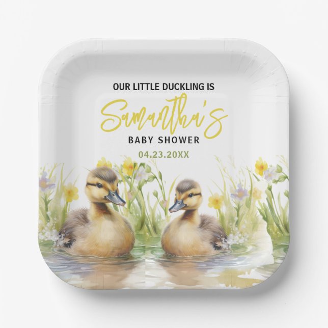 Cute Watercolor Duck Baby Boy Shower Paper Plate (Front)