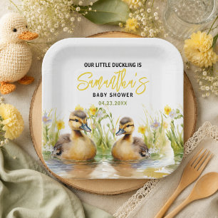 Cute Watercolor Duck Baby Boy Shower Paper Plate
