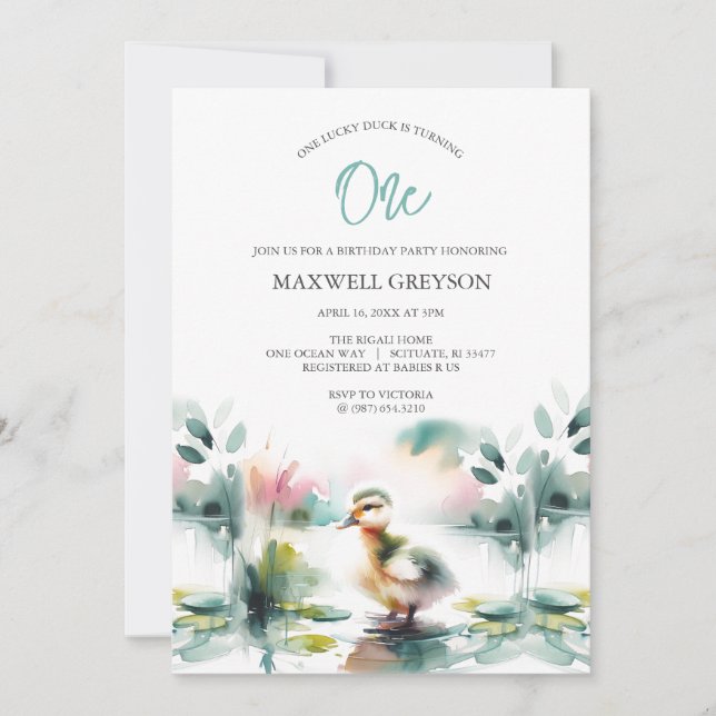 Cute Watercolor Duck Kid's Birthday Invitation (Front)