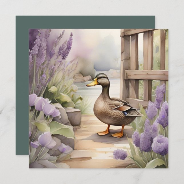 Cute Watercolor Duck N Lavender Blank  Card (Front/Back)