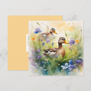 Cute Watercolor Duck N Wildflowers Blank Card