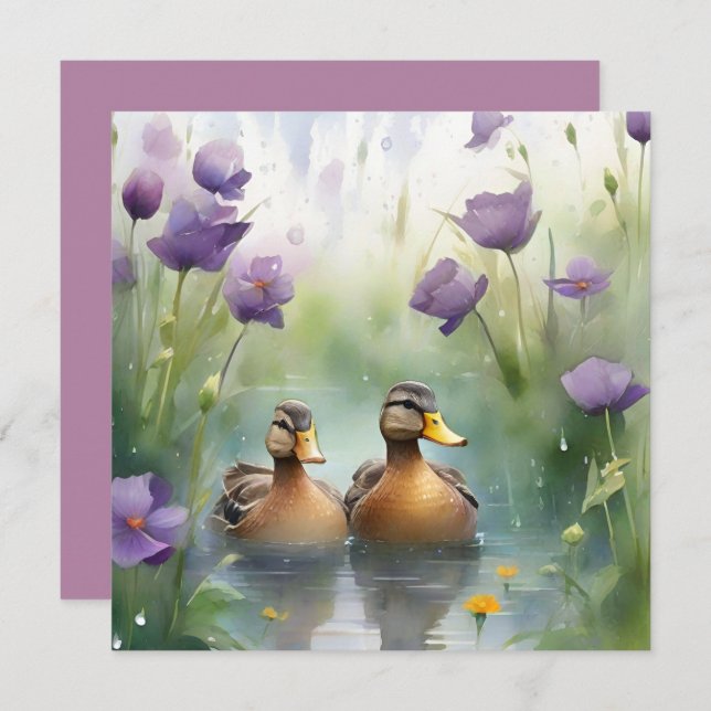 Cute Watercolor Duck N Wildflowers Blank  Card (Front/Back)