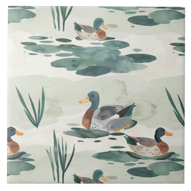 Cute watercolor ducks pattern ceramic tile (Front)
