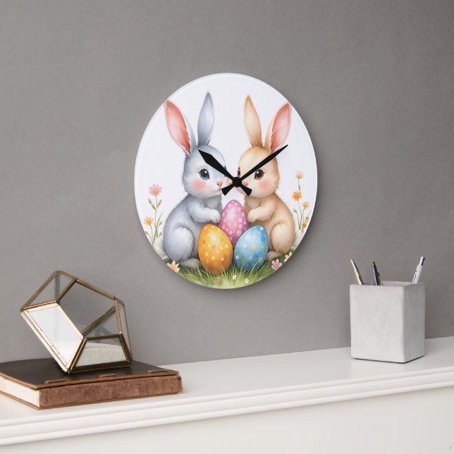 Cute Watercolor Easter Bunnies Cute Rabbits Large Clock (Office)