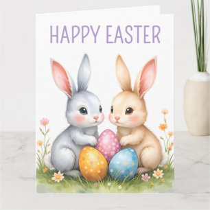 Cute Watercolor Easter Bunnies Happy Easter Card