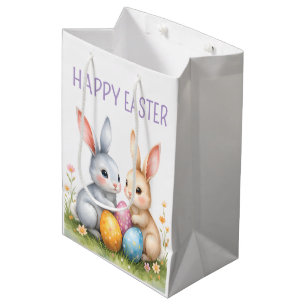 Cute Watercolor Easter Bunnies Happy Easter Medium Gift Bag