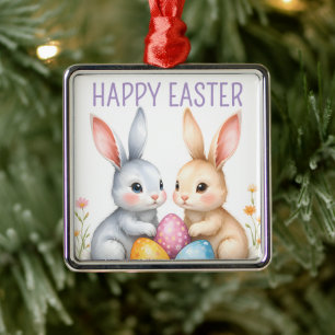 Cute Watercolor Easter Bunnies Happy Easter Metal Ornament