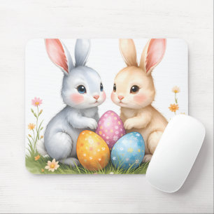 Cute Watercolor Easter Bunnies Happy Easter Mouse Pad