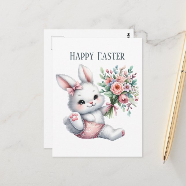 Cute watercolor Easter bunny message  Postcard (Front/Back In Situ)