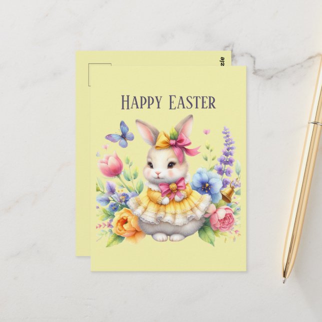 Cute watercolor Easter bunny message  Postcard (Front/Back In Situ)