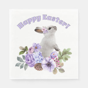 Cute Watercolor Easter Bunny with Flowers & Leaves Napkin