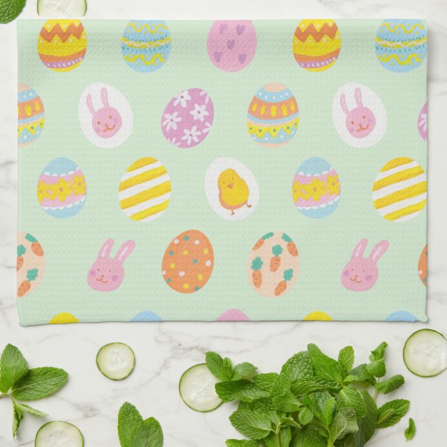 Cute Watercolor Easter Painted Egg Pattern Green Tea Towel (Folded)