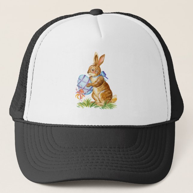 Cute watercolor easter rabbit with easter egg trucker hat (Front)