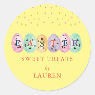 Cute watercolor Eggs Easter candy on Yellow Classic Round Sticker
