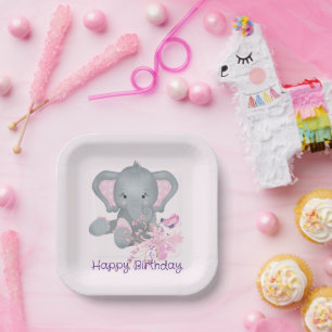 Cute watercolor Elephant baby birthday party Paper Plate