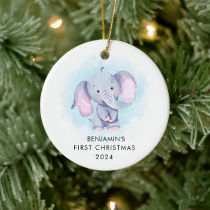 Cute Watercolor Elephant Baby's First Christmas Ceramic Ornament