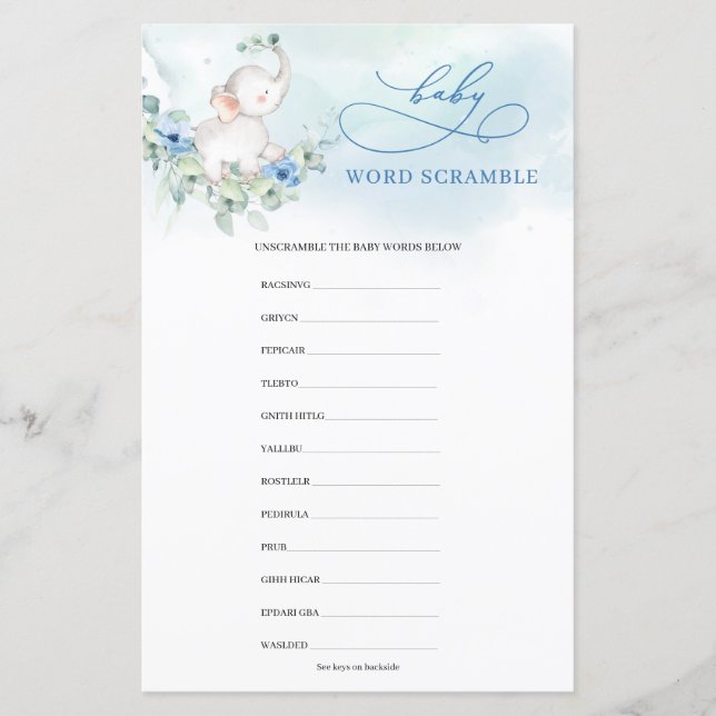 Cute watercolor elephant blue Baby Word Scramble (Front)