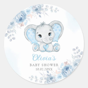 Cute Watercolor Elephant Boy Baby Shower Favour    Classic Round Sticker
