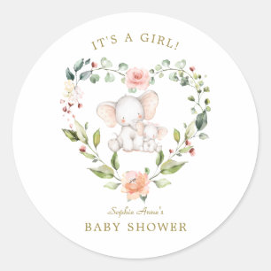 Cute Watercolor Elephant Floral Girl Baby Shower Classic Round Sticker