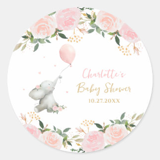 Cute Watercolor Elephant Floral Girl Baby Shower Classic Round Sticker