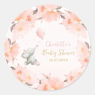 Cute Watercolor Elephant Floral Girl Baby Shower Classic Round Sticker