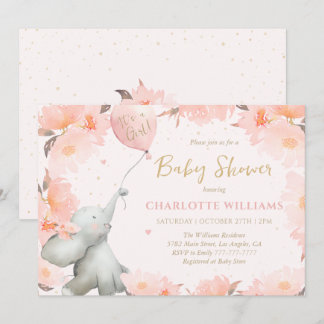 Cute Watercolor Elephant Floral Girl Baby Shower Invitation