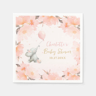 Cute Watercolor Elephant Floral Girl Baby Shower Napkin
