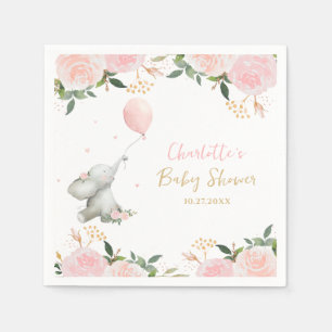 Cute Watercolor Elephant Floral Girl Baby Shower Napkin