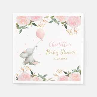 Cute Watercolor Elephant Floral Girl Baby Shower Napkin