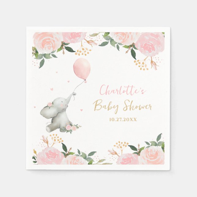Cute Watercolor Elephant Floral Girl Baby Shower Napkin (Front)