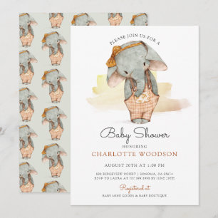 Cute Watercolor Elephant Girl Baby Shower Invitation