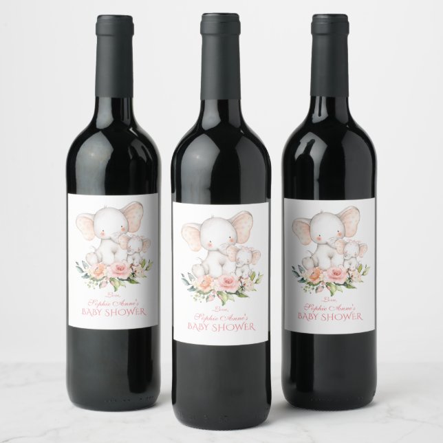 Cute Watercolor Elephant Girl Baby Shower Wine Label (Bottles)