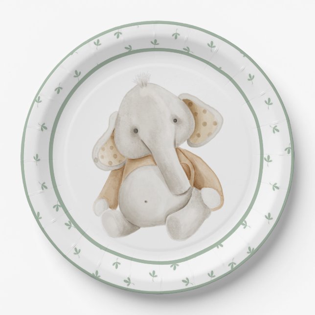 Cute Watercolor Elephant Greenery Baby Shower Paper Plate (Front)