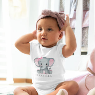 Cute Watercolor Elephant Pink Baby Girl Bodysuit