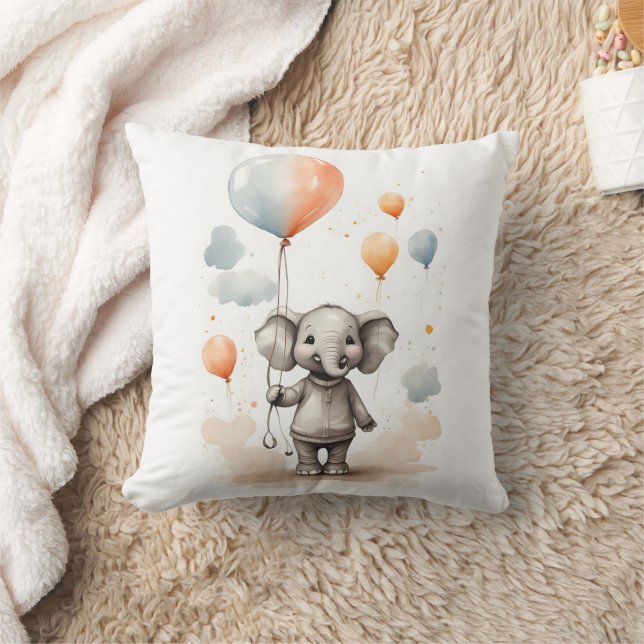 Cute Watercolor Elephant Red Blue Balloon Nursery Cushion (Blanket)